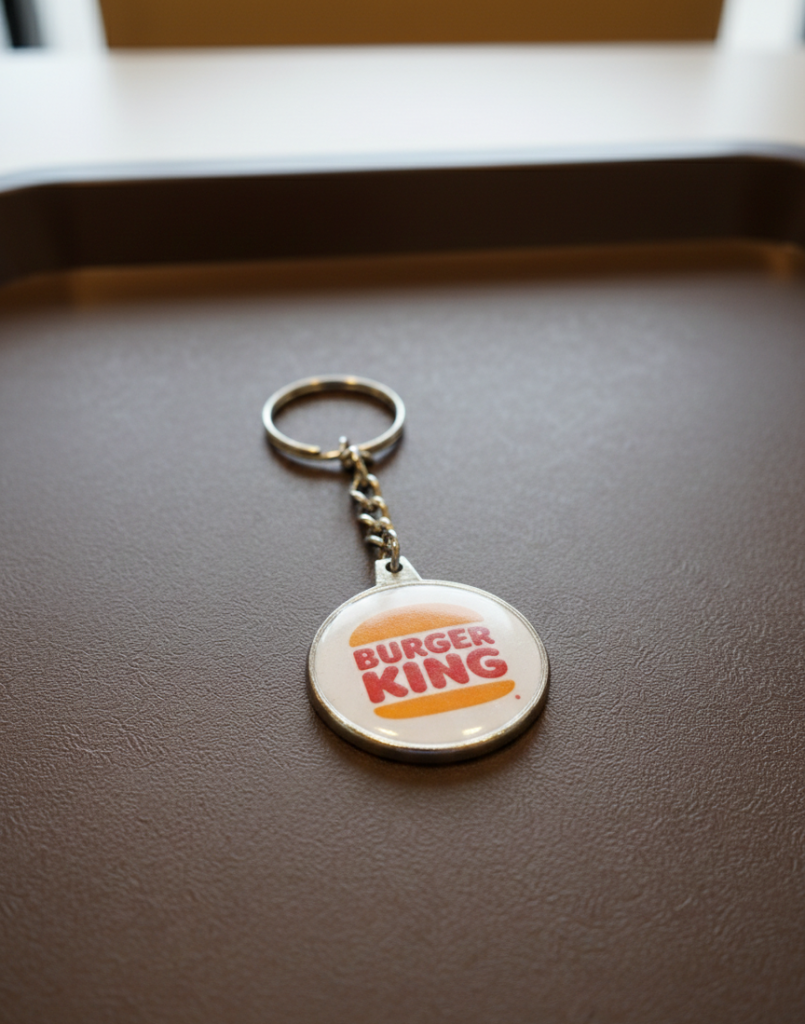Llavero metálico personalizado de Burger King realizado por Llaveros Creativos.