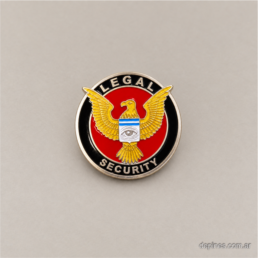 Pin circular Legal Security con águila dorada, escudo central y detalles rojos y negros.